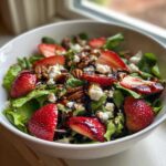 Close-up of a vibrant Spring Mix Salad with Strawberries and Goat Cheese, topped with pecans and balsamic glaze.