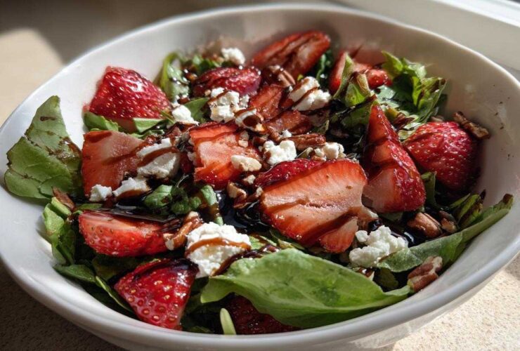 Close-up of a vibrant Spring Mix Salad with Strawberries and Goat Cheese, drizzled with balsamic glaze.