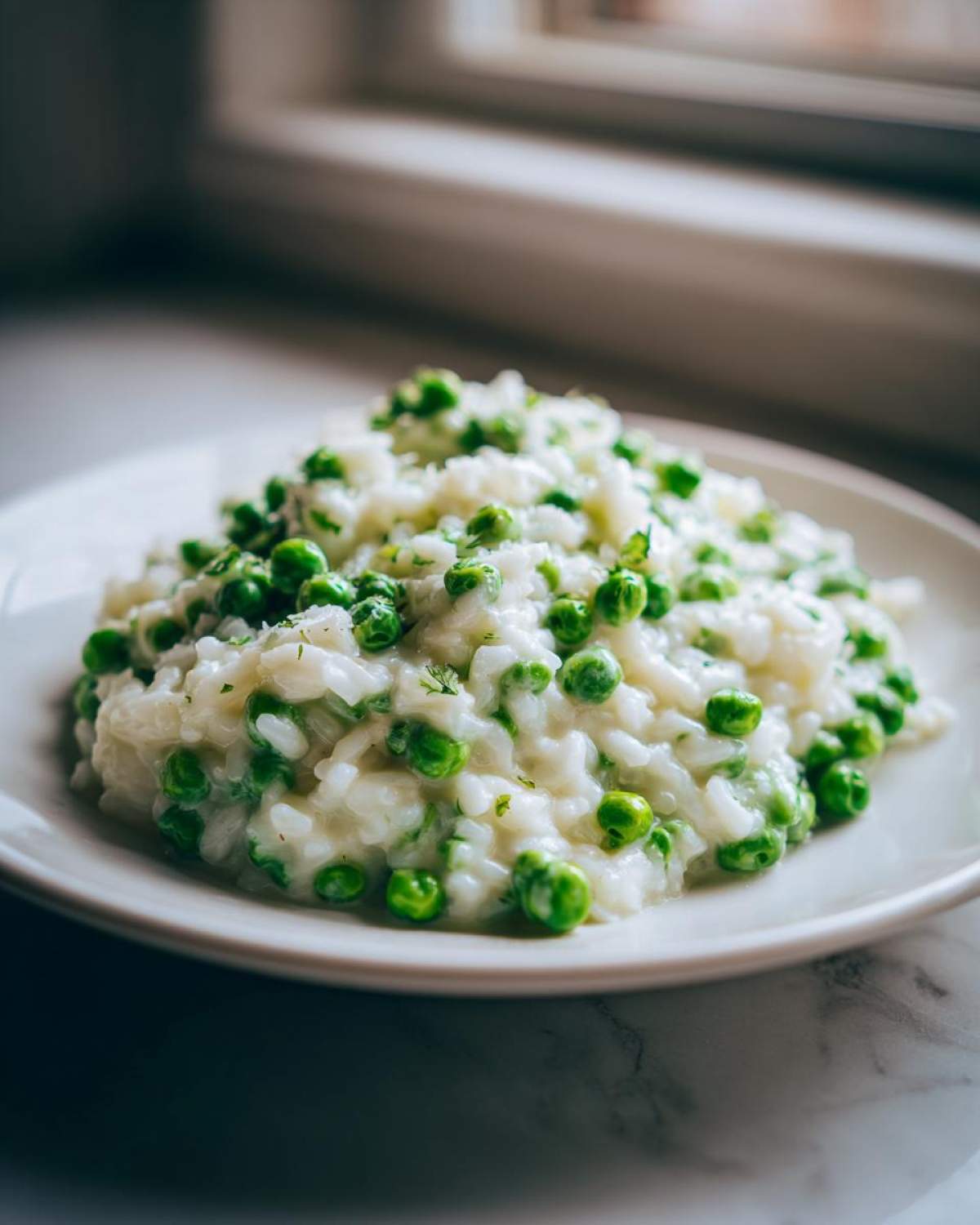 A close-up of creamy Spring Pea and Mint Risotto served on a white plate, featuring bright green peas.