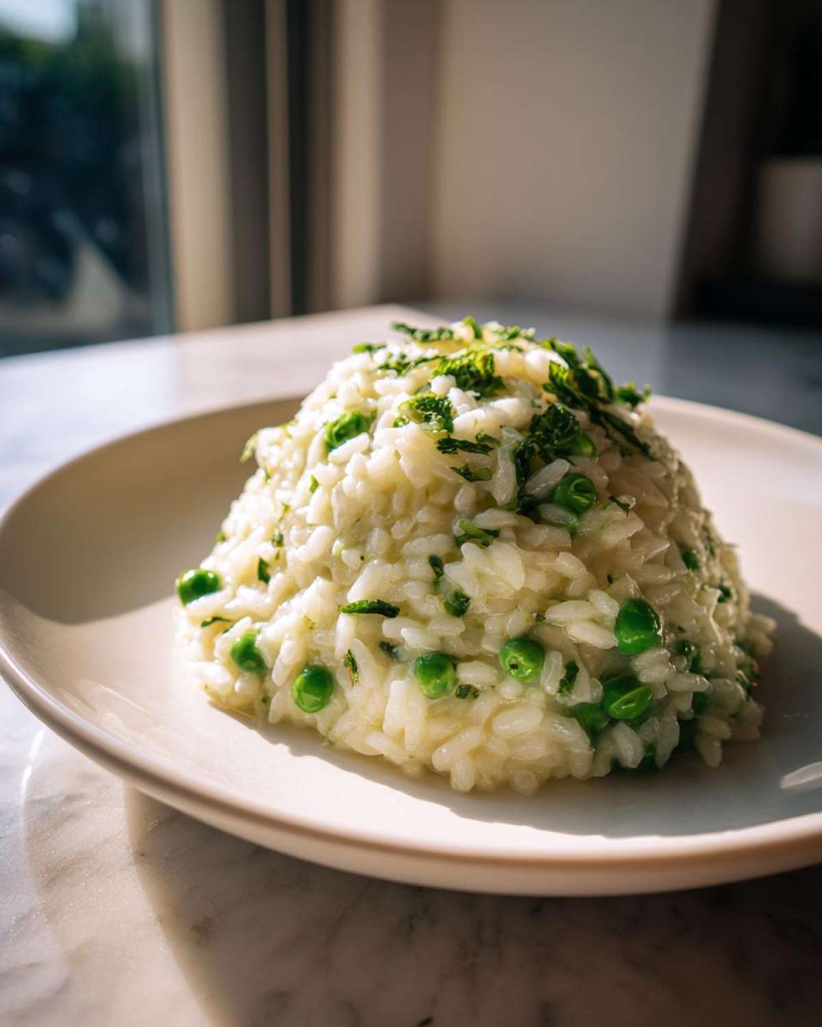 A mound of creamy Spring Pea and Mint Risotto garnished with fresh mint on a light plate.