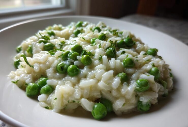 A close-up of creamy Spring Pea and Mint Risotto served on a white plate, garnished with bright green peas and mint.