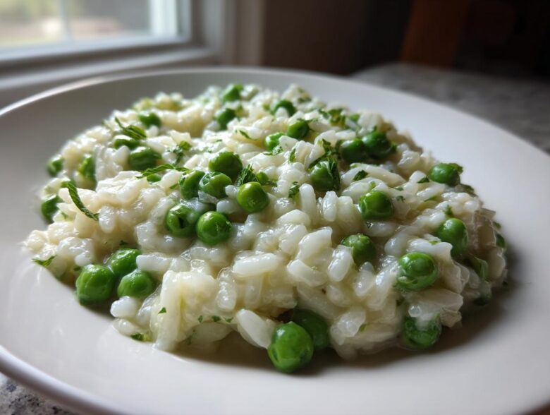 A close-up of creamy Spring Pea and Mint Risotto served on a white plate, garnished with bright green peas and mint.
