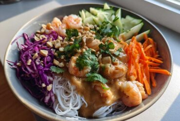 A colorful Spring Roll Bowl with Peanut Sauce featuring shrimp, rice noodles, shredded carrots, cucumber, and red cabbage.
