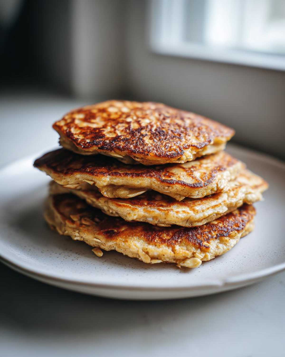A stack of four golden-brown Vegan Banana Oat Pancakes with visible oats, served on a light speckled plate.
