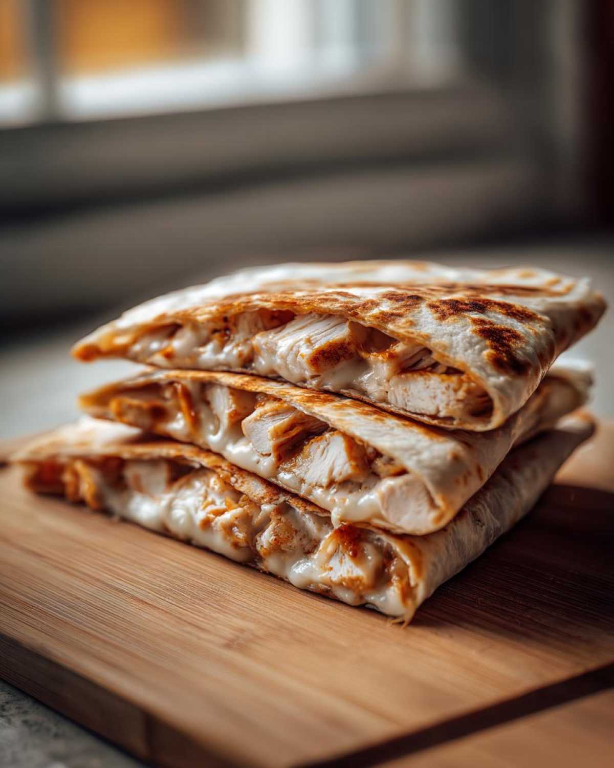 Three stacked, grilled quesadilla wedges filled with chicken and melted cheese, suggesting the Copycat Taco Bell Chicken Quesadilla Sauce.