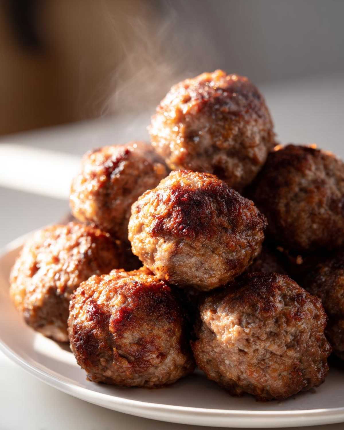 A close-up of several freshly cooked, steaming Air Fryer Italian Meatballs piled high on a white plate.