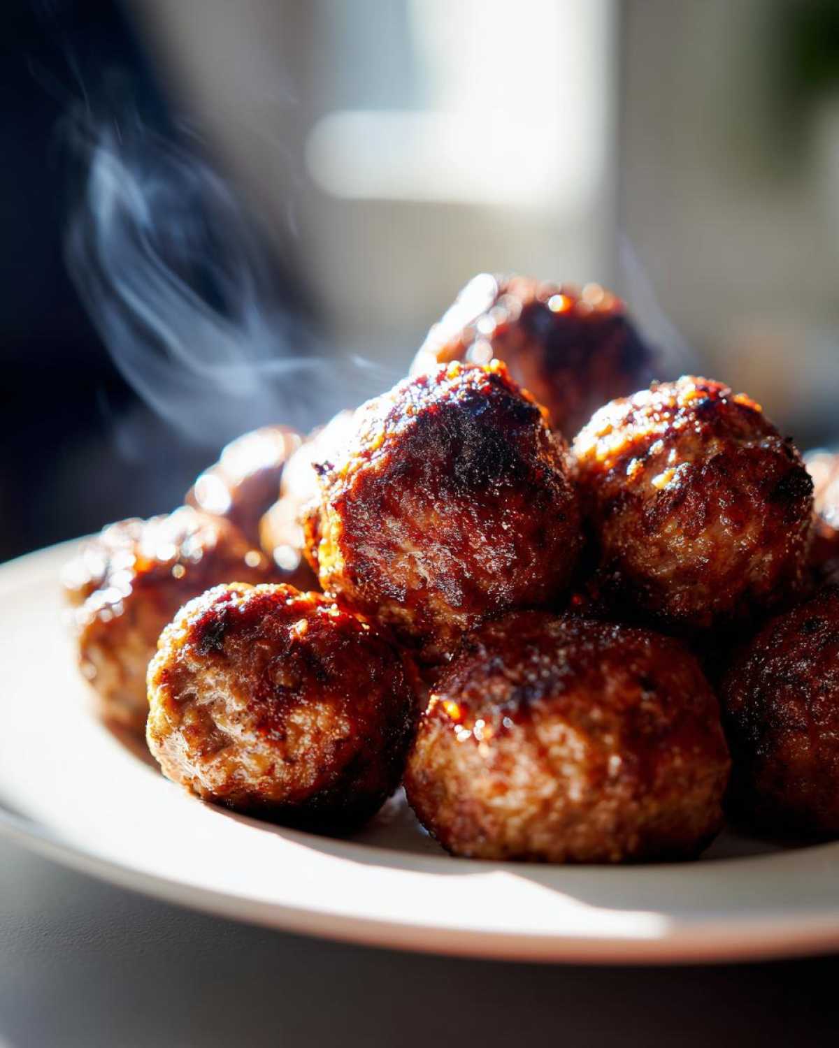 A close-up of freshly cooked, steaming Air Fryer Italian Meatballs piled high on a white plate.