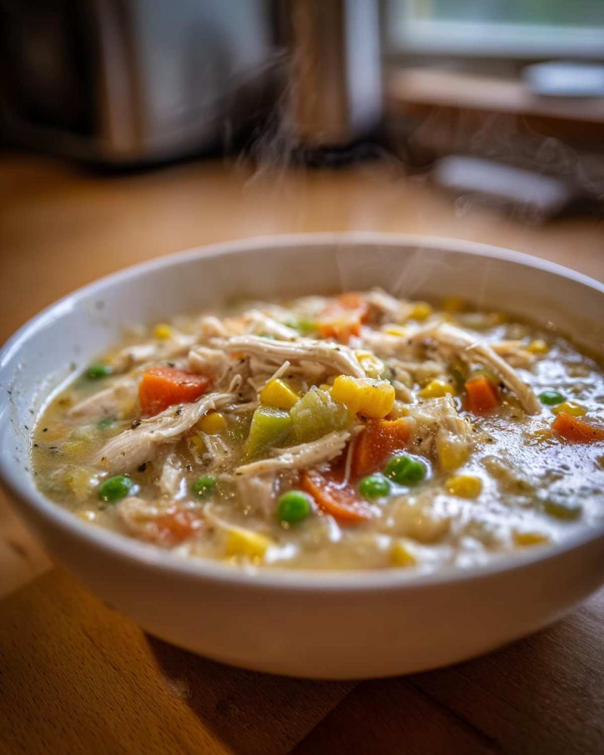 Close-up of a steaming white bowl filled with creamy Chicken Pot Pie Soup, featuring shredded chicken, carrots, peas, and corn.