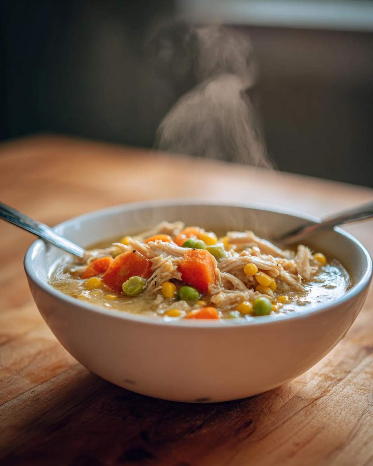 Close-up of a steaming white bowl filled with hearty Chicken Pot Pie Soup, featuring shredded chicken, carrots, corn, and peas.