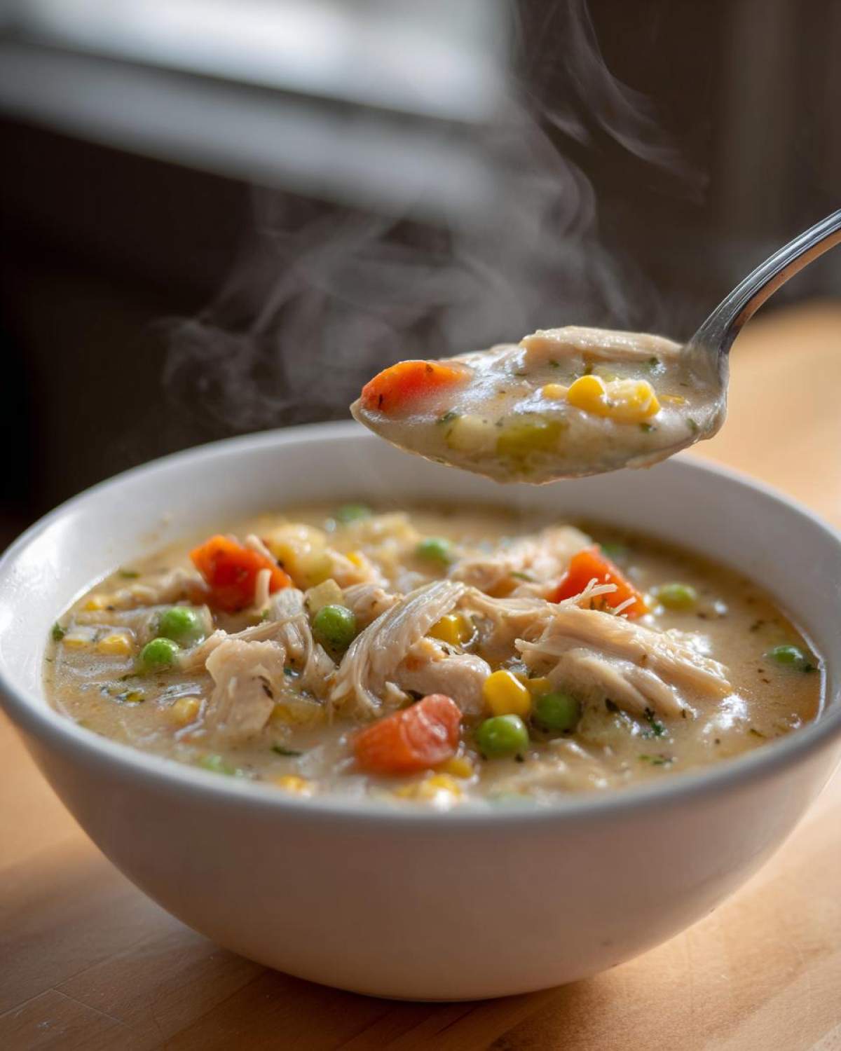 A spoonful of hot Chicken Pot Pie Soup, rich with shredded chicken, carrots, peas, and corn, lifting from the bowl.