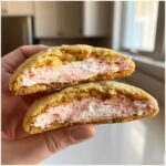 Close-up of Strawberry Cheesecake Stuffed Cookies cut in half showing the thick pink and white filling.