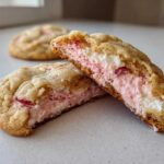 A Strawberry Cheesecake Stuffed Cookie cut in half showing the thick, creamy pink and white filling inside the soft cookie.