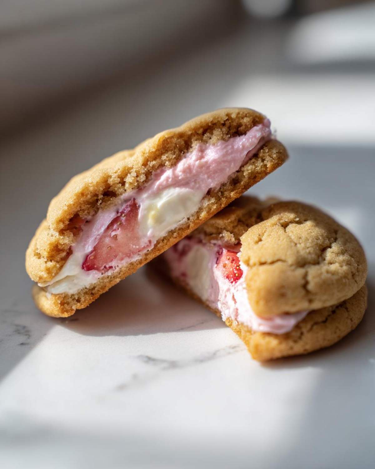 Close-up of Strawberry Cheesecake Stuffed Cookies cut in half showing pink and white filling with strawberry pieces.