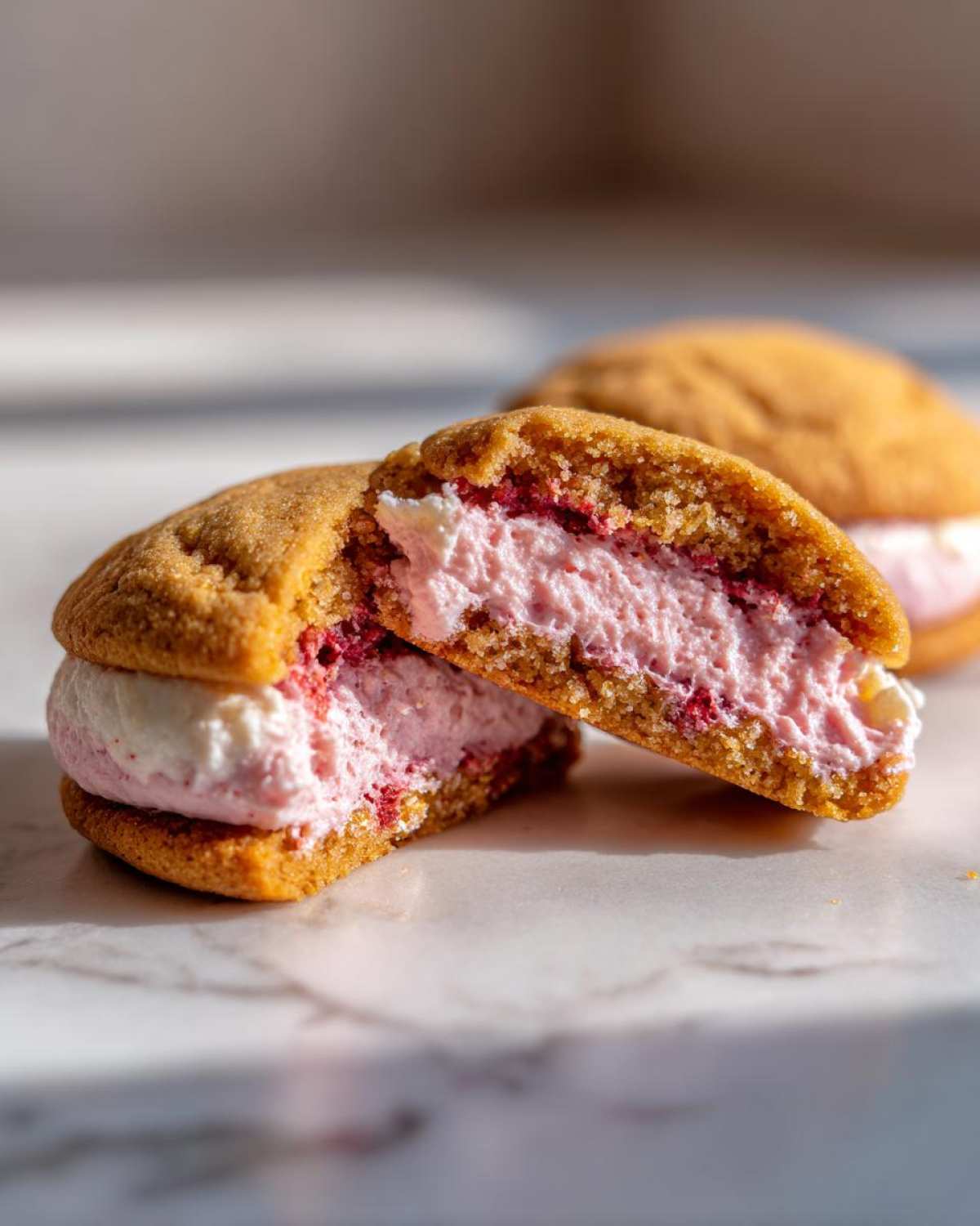 Close-up of Strawberry Cheesecake Stuffed Cookies cut in half showing thick pink filling.