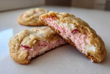 A Strawberry Cheesecake Stuffed Cookie cut in half showing the thick, creamy pink and white filling inside the soft cookie.