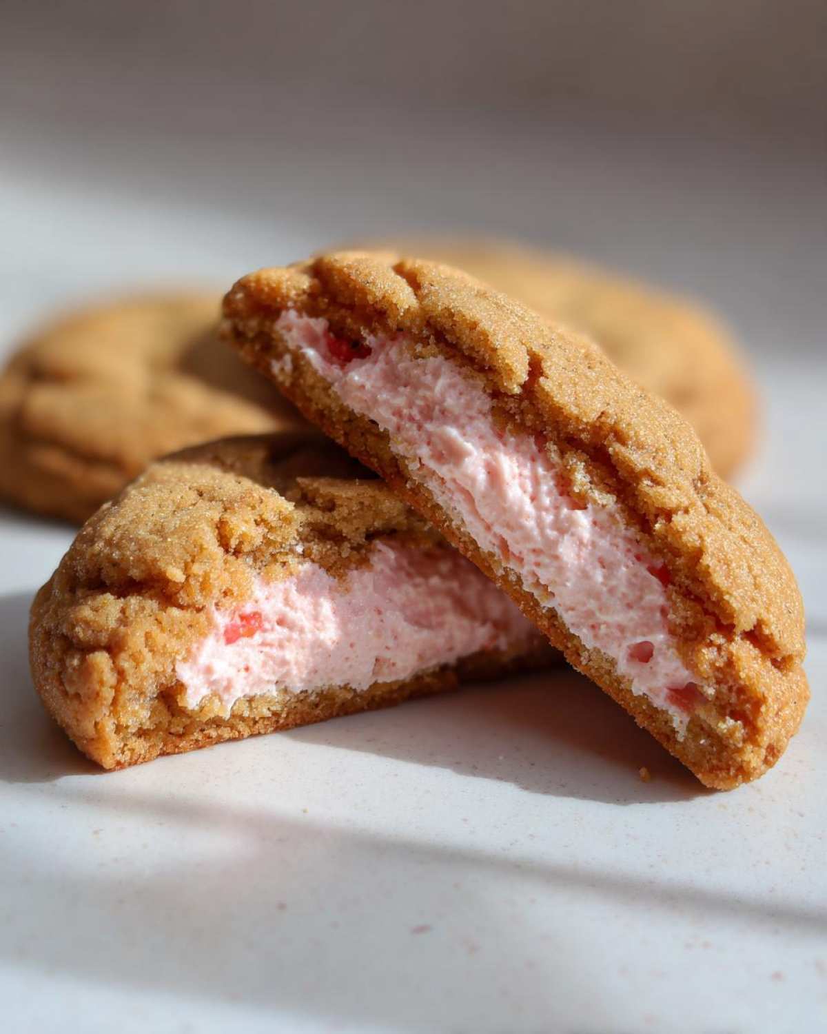 Close-up of a Strawberry Cheesecake Stuffed Cookie cut in half, revealing thick pink strawberry cheesecake filling.