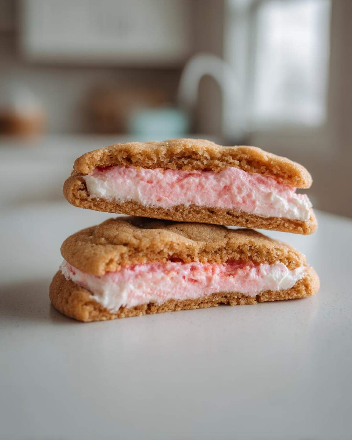 Two halves of a Strawberry Cheesecake Stuffed Cookie stacked, showing the thick pink and white filling.