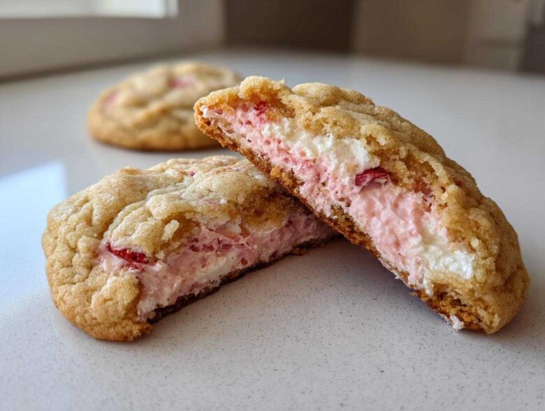 A Strawberry Cheesecake Stuffed Cookie cut in half showing the thick, creamy pink and white filling inside the soft cookie.