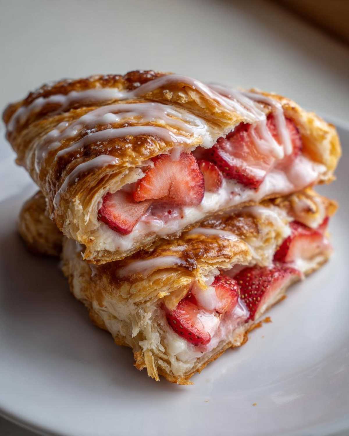 A close-up view of a Strawberry Cream Cheese Danish cut in half, showing flaky pastry, cream cheese filling, and sliced strawberries.