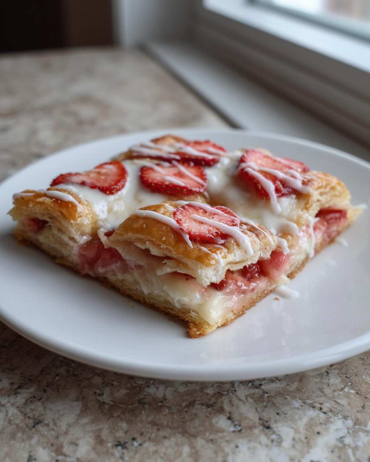 Close-up of a square slice of Strawberry Cream Cheese Danish with flaky pastry, cream cheese filling, and strawberry slices, drizzled with icing.