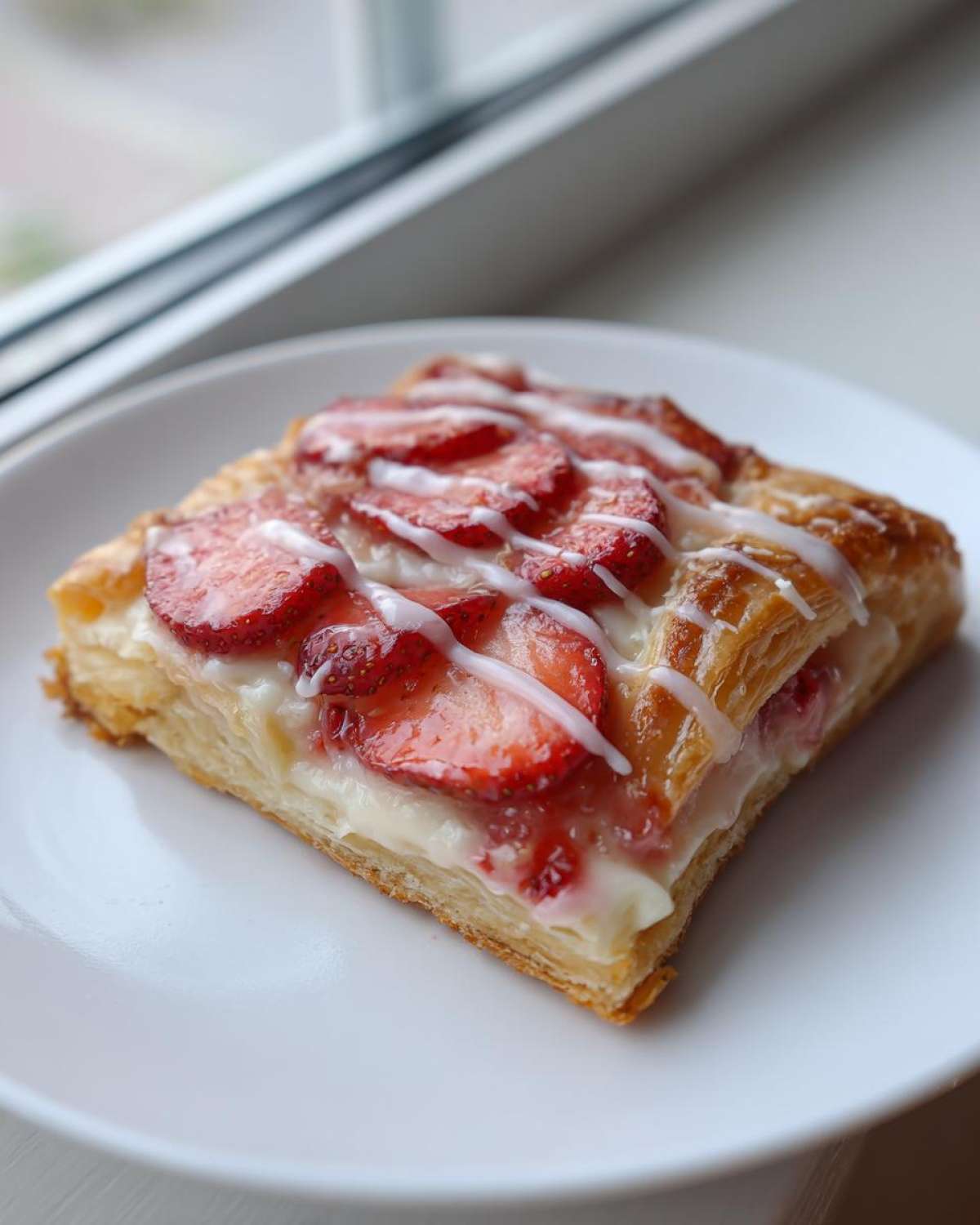 A square slice of Strawberry Cream Cheese Danish with flaky pastry, cream cheese filling, and a white glaze drizzle.