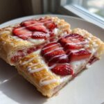 Two golden, flaky slices of Strawberry Cream Cheese Danish topped with fresh strawberries and white icing, resting on a white plate.