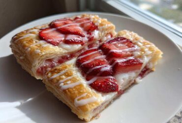 Two golden, flaky slices of Strawberry Cream Cheese Danish topped with fresh strawberries and white icing, resting on a white plate.