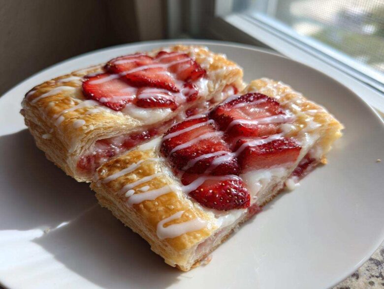 Two golden, flaky slices of Strawberry Cream Cheese Danish topped with fresh strawberries and white icing, resting on a white plate.