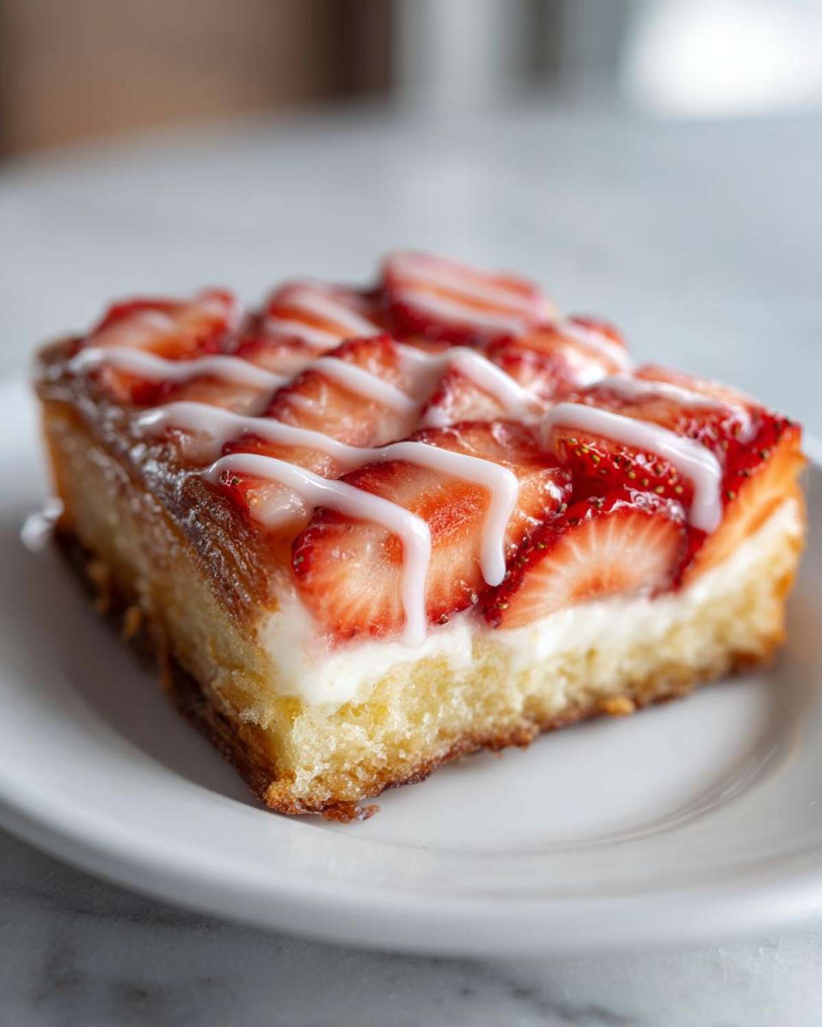 A single square slice of Strawberry Cream Cheese Danish topped with sliced strawberries and white icing.