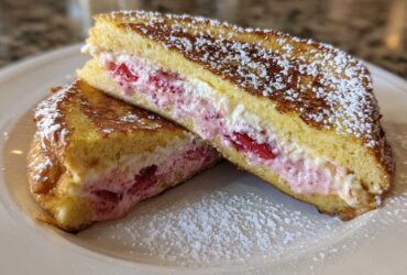 Two halves of Strawberry Cream Cheese Stuffed French Toast dusted with powdered sugar on a white plate.
