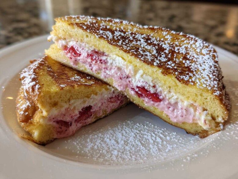 Two halves of Strawberry Cream Cheese Stuffed French Toast dusted with powdered sugar on a white plate.