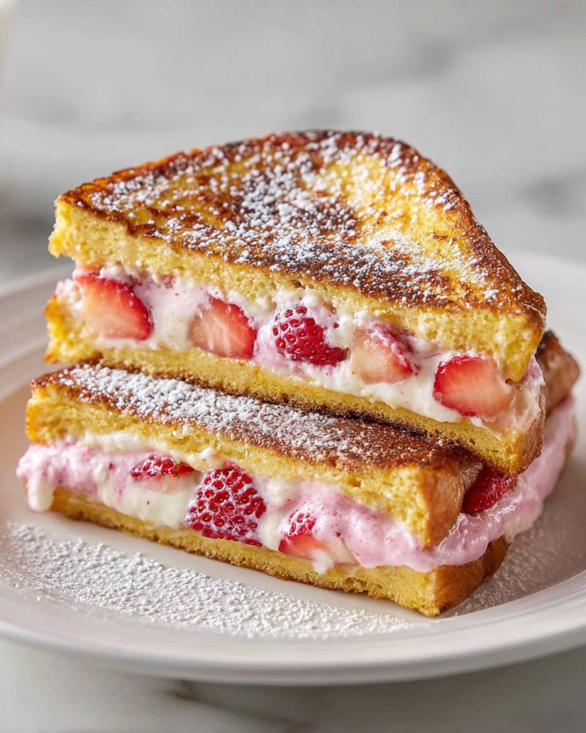 Two halves of Strawberry Cream Cheese Stuffed French Toast stacked and dusted with powdered sugar.