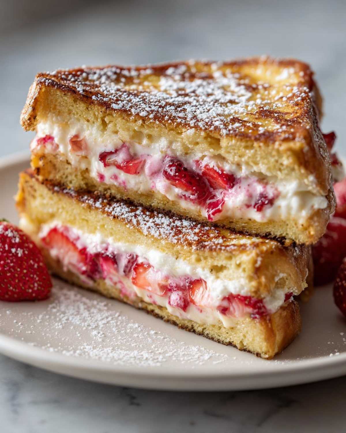 Two halves of Strawberry Cream Cheese Stuffed French Toast stacked, showing creamy filling and fresh strawberries.