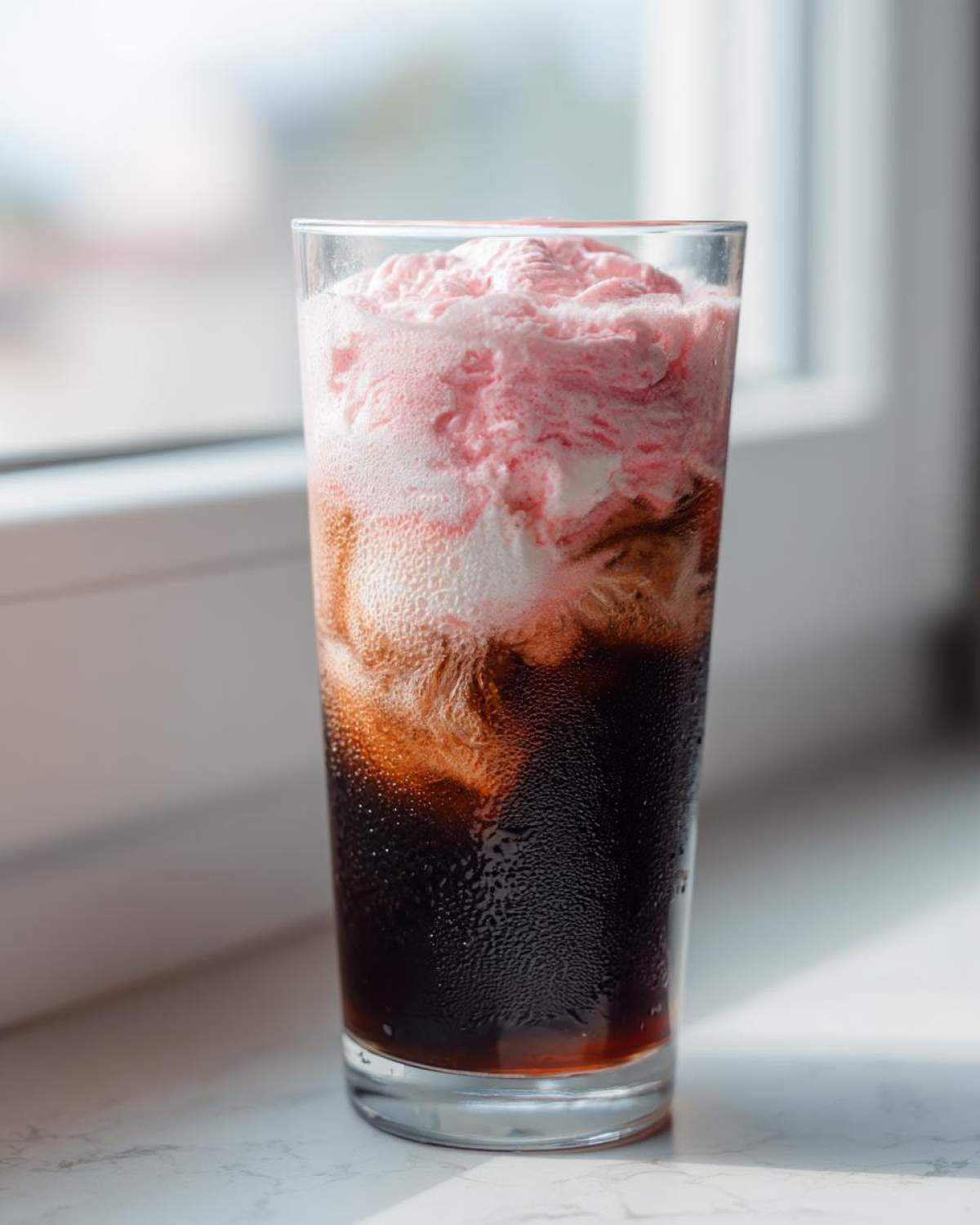 A tall glass filled with dark cold brew coffee topped with frothy pink and white Strawberry Cream Cold Brew foam.