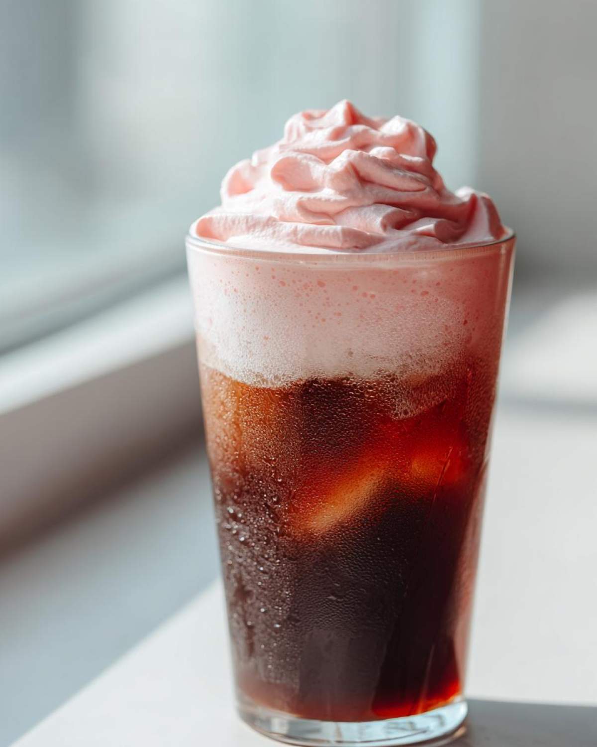 Close-up of a tall glass of Strawberry Cream Cold Brew with ice and a generous swirl of pink whipped topping.