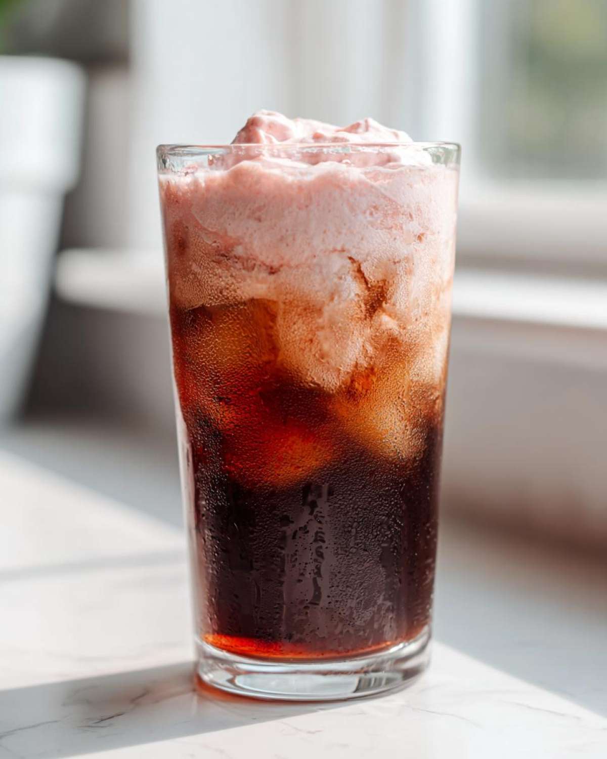 Close-up of a tall glass filled with Strawberry Cream Cold Brew, showing dark coffee and pink whipped topping.