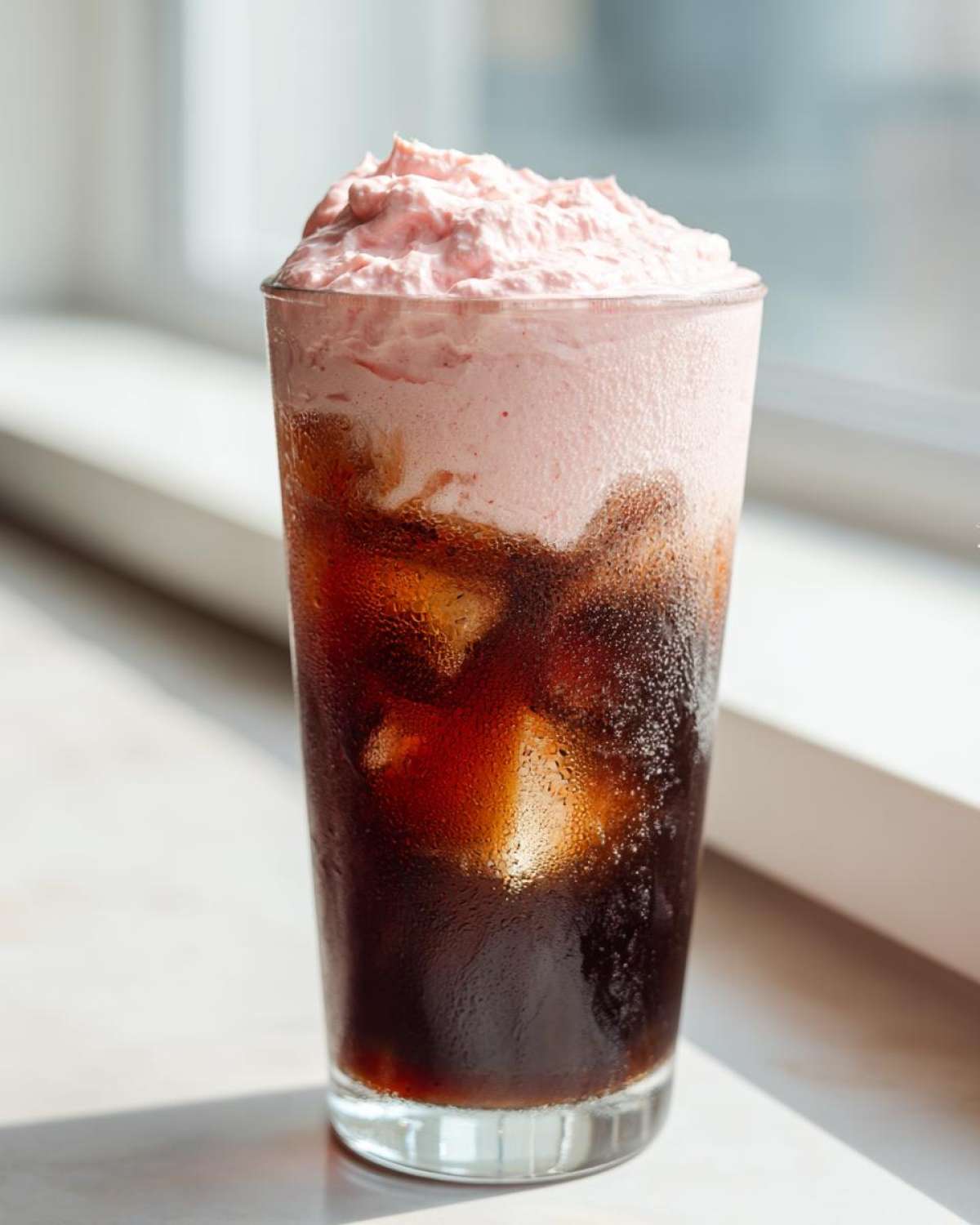 Tall glass of iced Strawberry Cream Cold Brew coffee topped with thick, pink, whipped strawberry cream.
