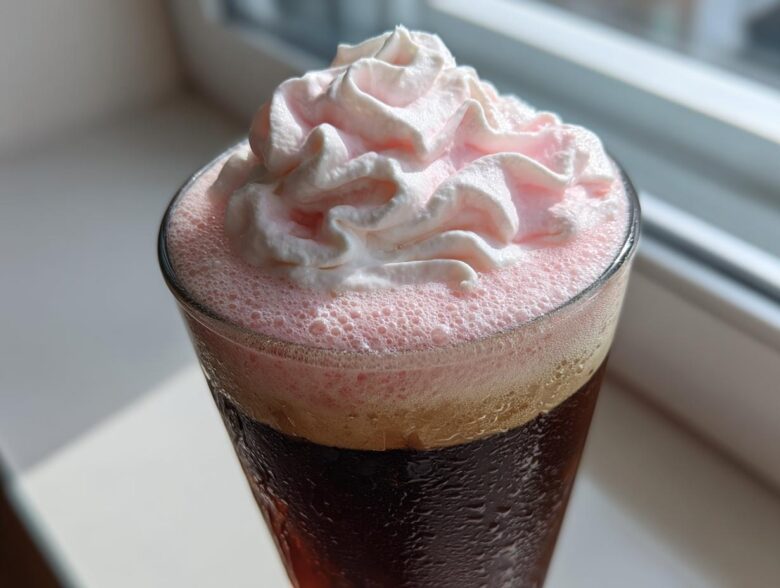 Close-up of a glass of Strawberry Cream Cold Brew topped with pink foam and whipped cream.