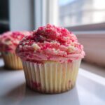 A close-up of a single Strawberry Crunch Cupcakes topped with pink frosting and vibrant pink and white crunchy topping.