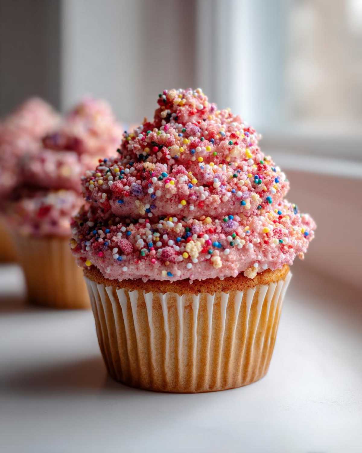 A close-up of a Strawberry Crunch Cupcakes topped with thick pink frosting and colorful crunch topping.