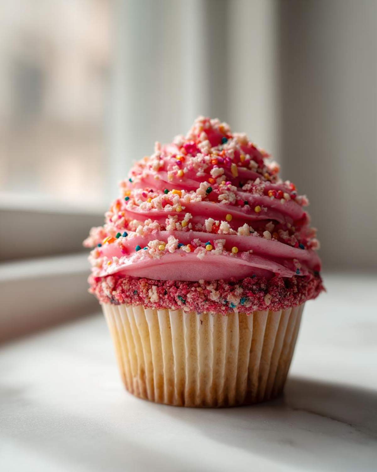 A single, beautifully frosted Strawberry Crunch Cupcakes featuring pink frosting, colorful sprinkles, and a crunchy rim.