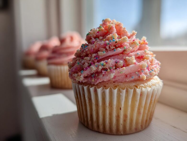 A close-up of a single Strawberry Crunch Cupcakes featuring pink frosting topped with colorful sprinkles and crunch pieces.