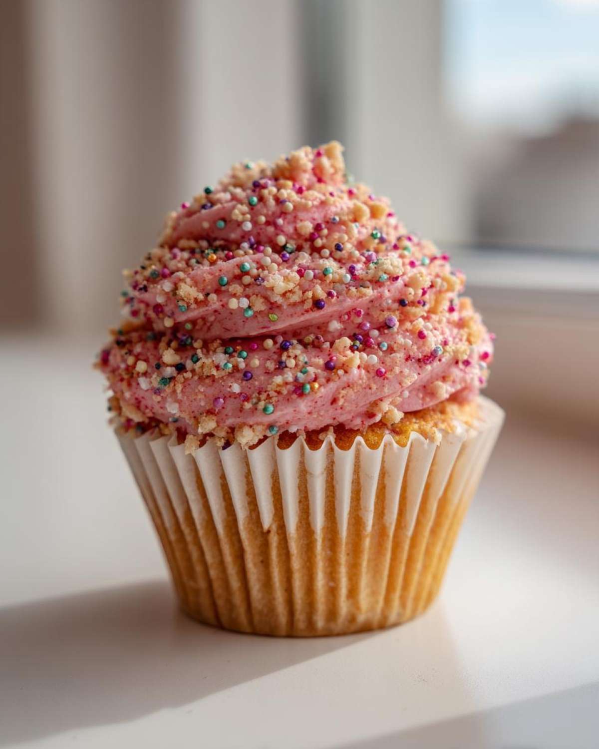 Close-up of a single Strawberry Crunch Cupcakes topped with pink frosting, colorful sprinkles, and crunchy topping.