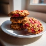 A stack of golden Strawberry Oatmeal Breakfast Cookies with visible chunks of bright red strawberry on a white plate.