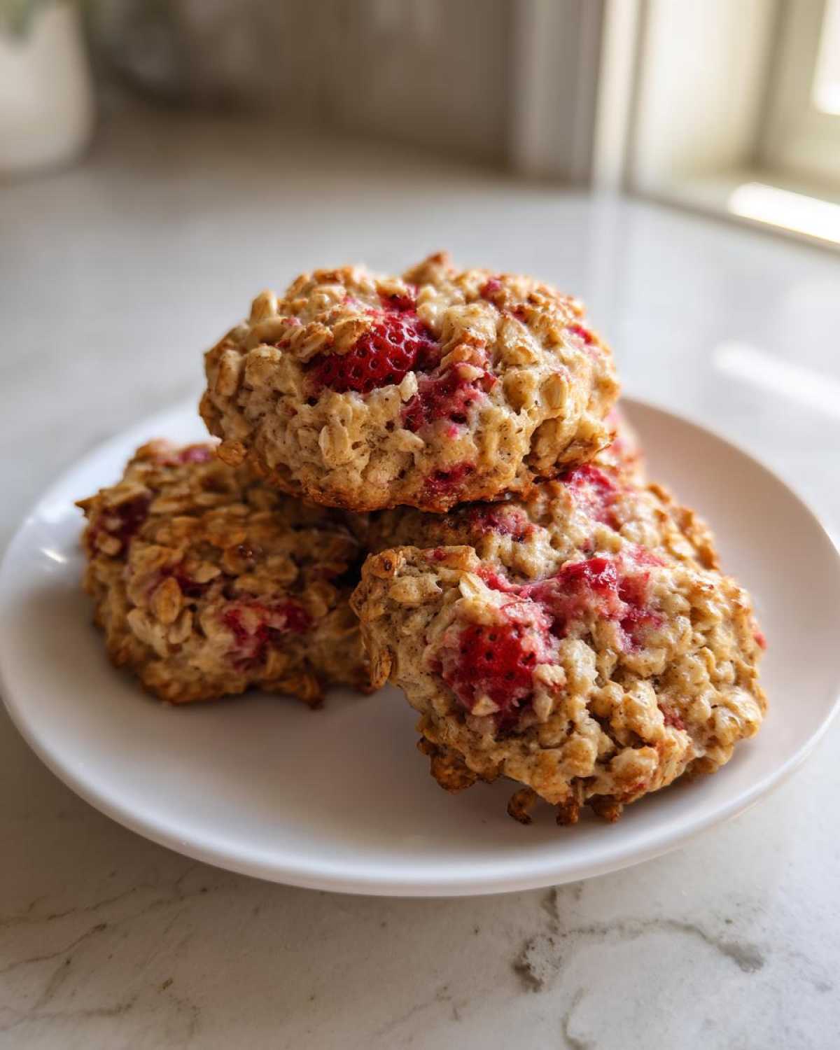 A stack of three freshly baked Strawberry Oatmeal Breakfast Cookies with visible oats and bright red strawberry pieces.