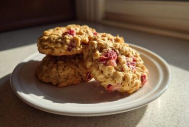 A stack of three freshly baked Strawberry Oatmeal Breakfast Cookies featuring visible oats and bright red strawberry pieces.