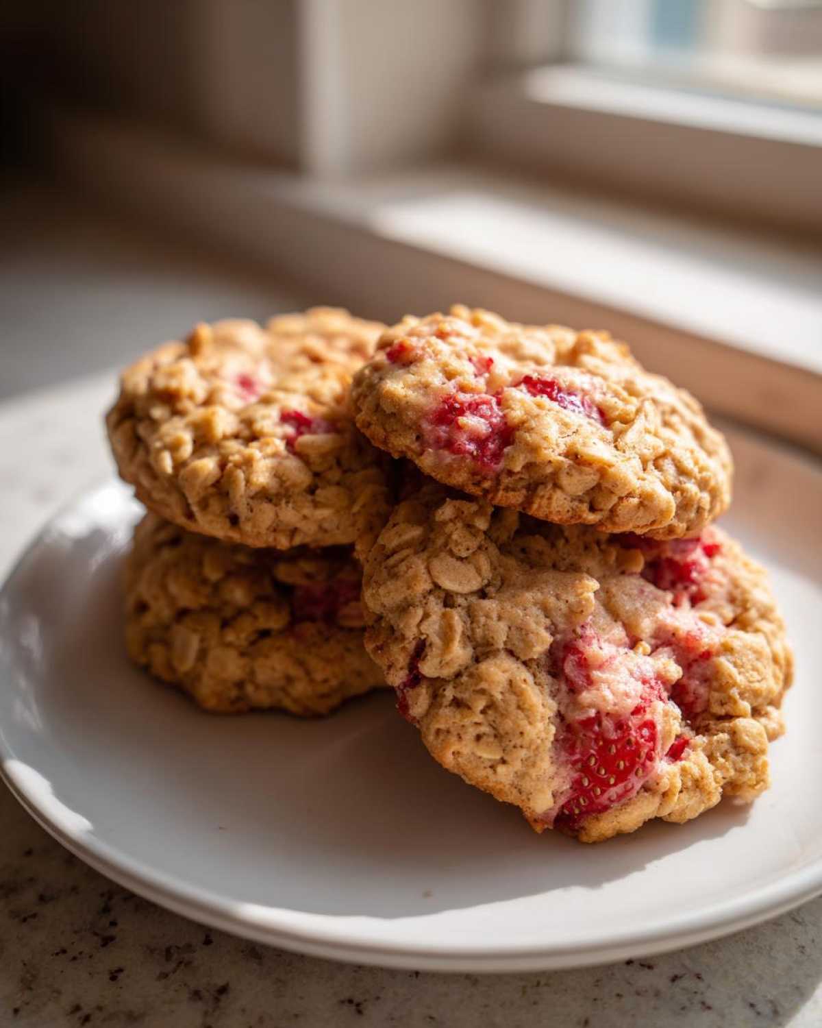A stack of four golden Strawberry Oatmeal Breakfast Cookies featuring visible chunks of bright red strawberries.
