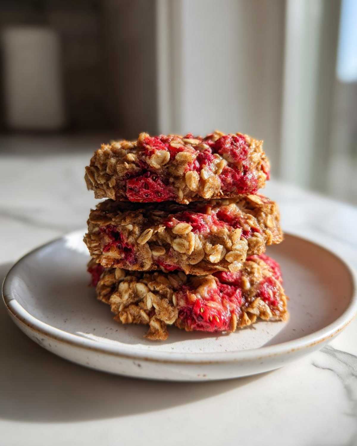 Three stacked Strawberry Oatmeal Breakfast Cookies featuring visible oats and bright red fruit pieces.