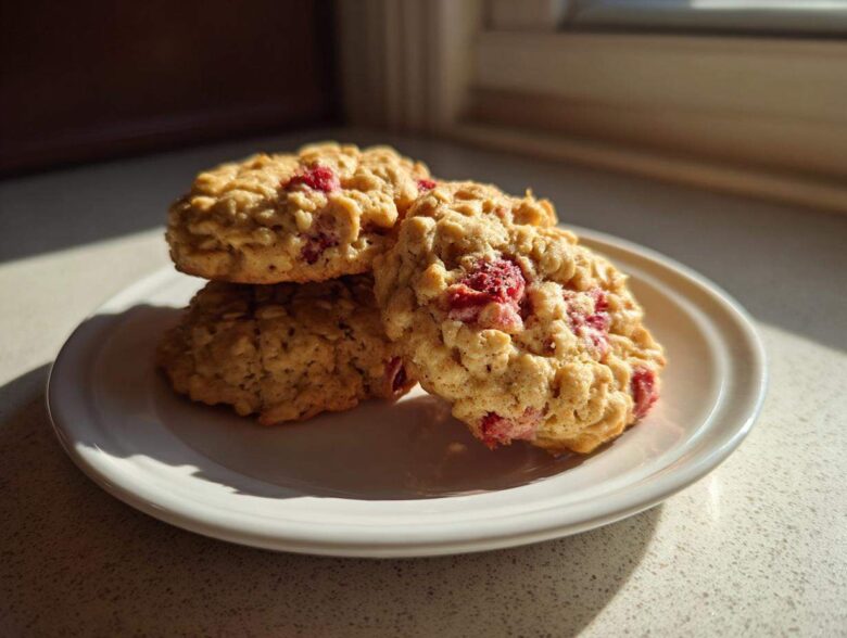 A stack of three freshly baked Strawberry Oatmeal Breakfast Cookies featuring visible oats and bright red strawberry pieces.