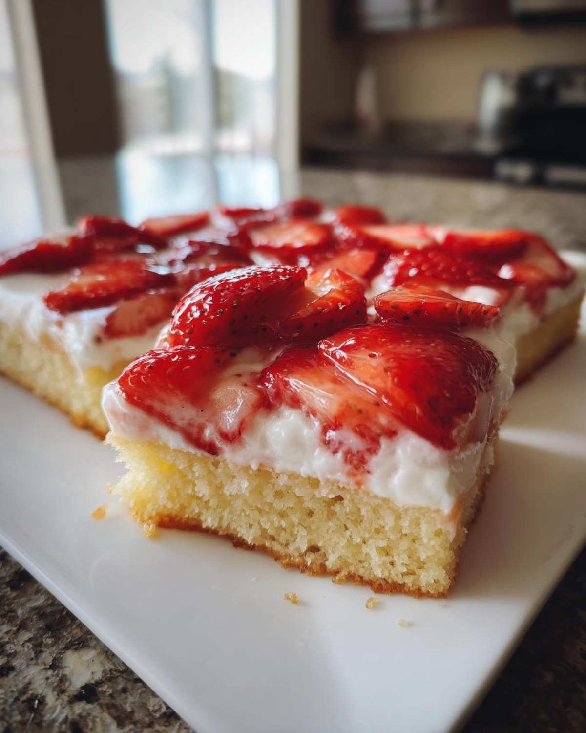 Close-up of a moist slice of Strawberry Shortcake Sheet Cake topped with white frosting and glazed strawberries.